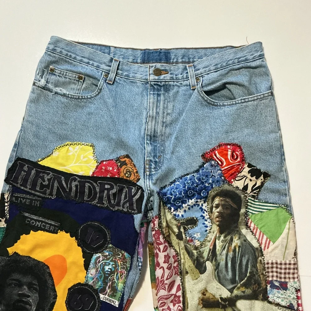 VTG Jimi Hendrix Experience Patchwork 1 Of 1 Upcycle Rework Denim Jean Shorts - Picture 3 of 4